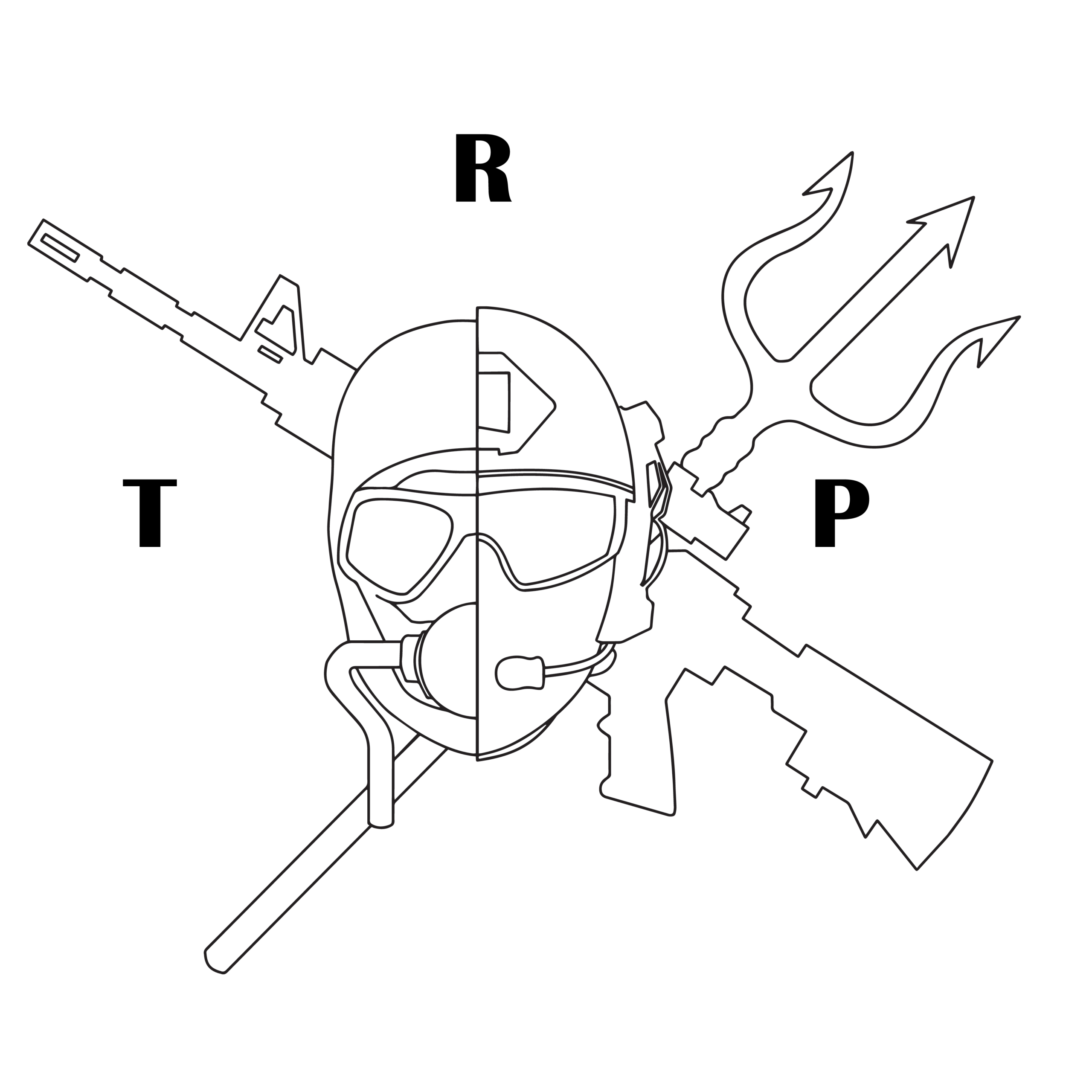 Outline of a half soldier and a half scuba diver face with a trident and a rifle behind it. Around it spells out the letters TRP